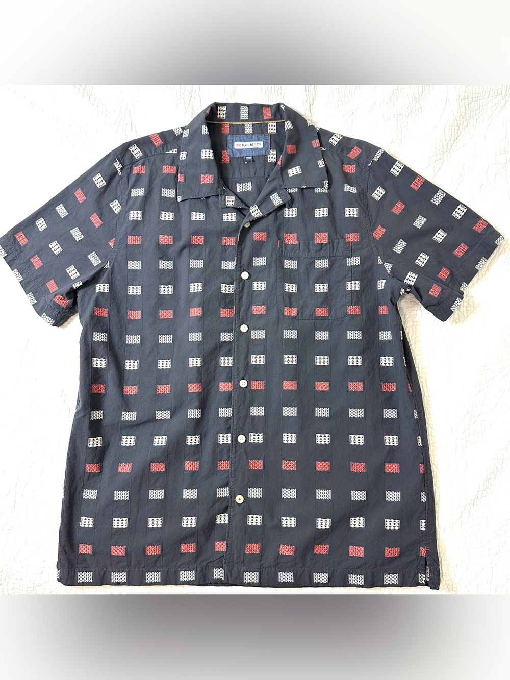 32 Bar Blues Short Sleeve Navy Blue Button Up Shirt Mens Large